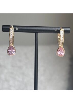 Rose Gold Plated Pink CZ Teardrop Dangle Hoop Earrings Baguette Accent